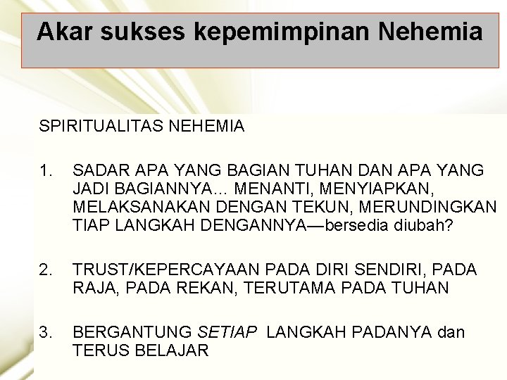 Akar sukses kepemimpinan Nehemia SPIRITUALITAS NEHEMIA 1. SADAR APA YANG BAGIAN TUHAN DAN APA