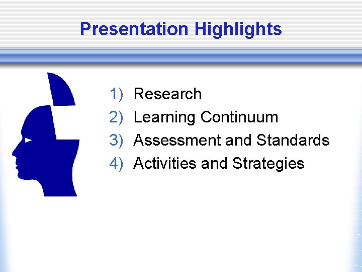 Presentation Highlights 1) 2) 3) 4) Research Learning Continuum Assessment and Standards Activities and