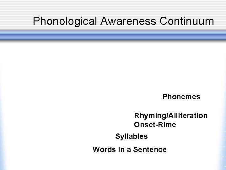 Phonological Awareness Continuum Phonemes Rhyming/Alliteration Onset-Rime Syllables Words in a Sentence 