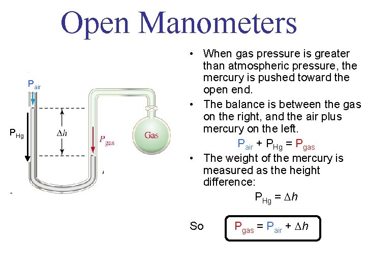 Open Manometers Pair PHg • When gas pressure is greater than atmospheric pressure, the