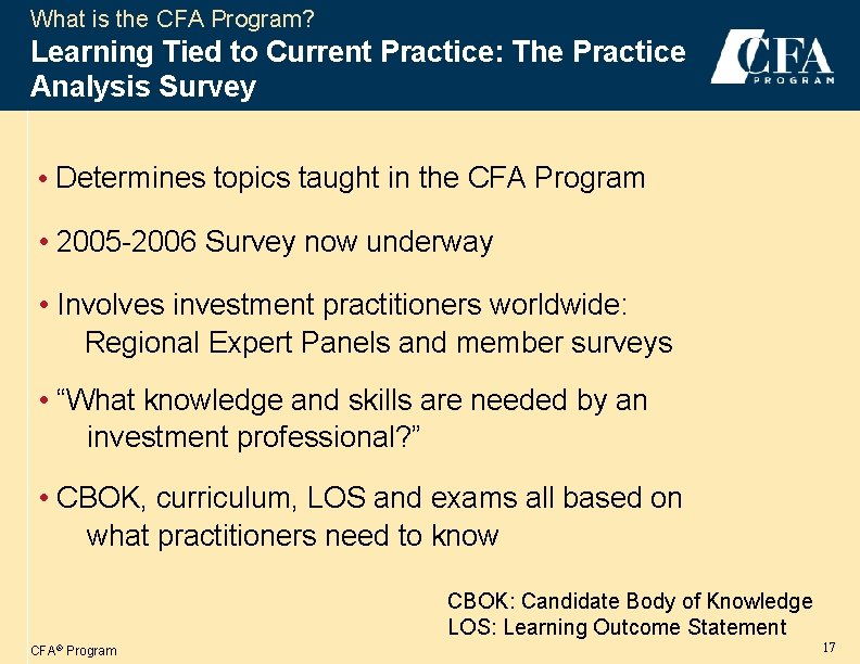 What is the CFA Program? Learning Tied to Current Practice: The Practice Analysis Survey