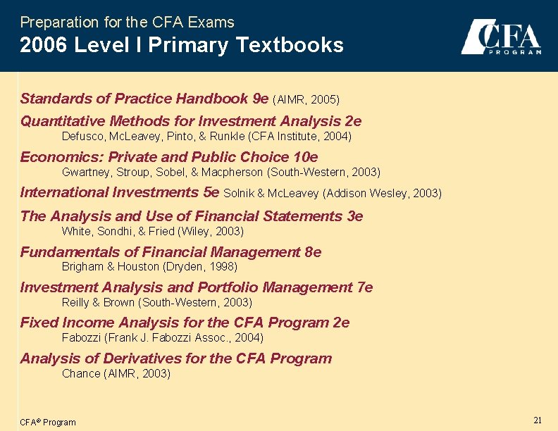 Preparation for the CFA Exams 2006 Level I Primary Textbooks Standards of Practice Handbook