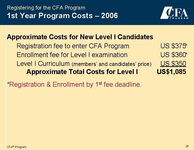 Registering for the CFA Program 1 st Year Program Costs – 2006 Approximate Costs