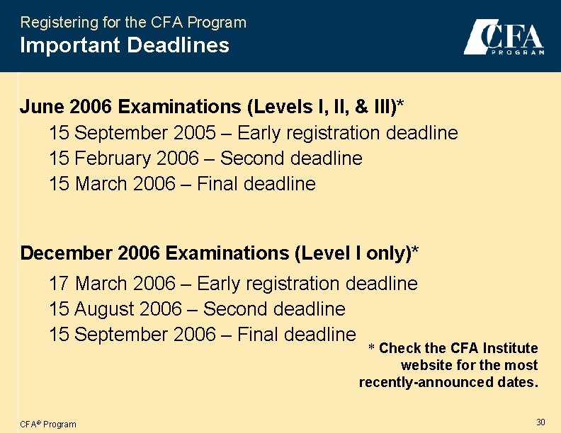 Registering for the CFA Program Important Deadlines June 2006 Examinations (Levels I, II, &