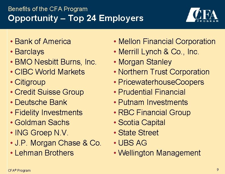 Benefits of the CFA Program Opportunity – Top 24 Employers • Bank of America