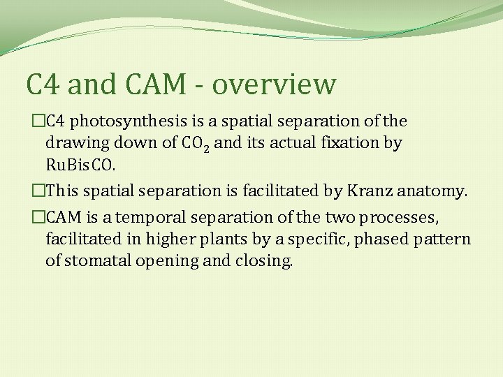 C 4 and CAM - overview �C 4 photosynthesis is a spatial separation of