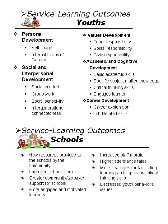 ØService-Learning Outcomes Youths v Personal Development § § Self image Internal Locus of Control