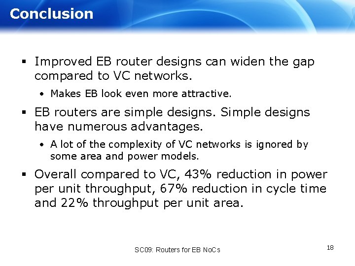 Conclusion § Improved EB router designs can widen the gap compared to VC networks.