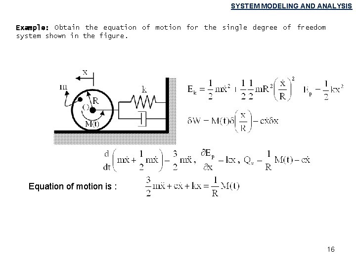 SYSTEM MODELING AND ANALYSIS Example: Obtain the equation of motion for the single degree SYSTEM MODELING AND ANALYSIS Example: Obtain the equation of motion for the single degree
