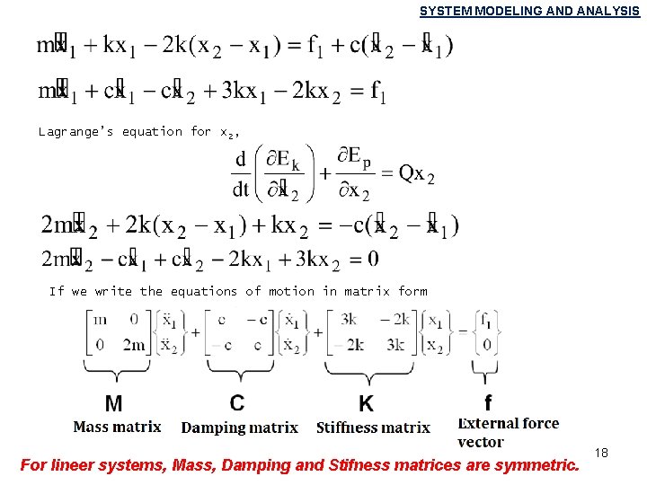 SYSTEM MODELING AND ANALYSIS Lagrange’s equation for x 2, If we write the equations SYSTEM MODELING AND ANALYSIS Lagrange’s equation for x 2, If we write the equations