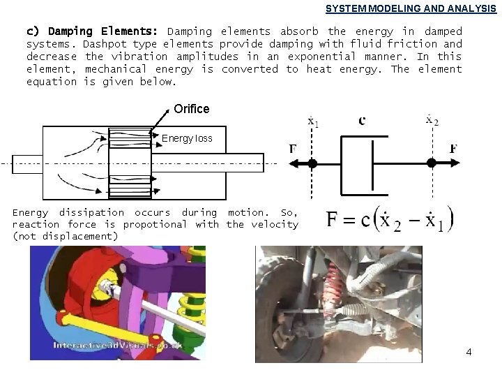 SYSTEM MODELING AND ANALYSIS c) Damping Elements: Damping elements absorb the energy in damped SYSTEM MODELING AND ANALYSIS c) Damping Elements: Damping elements absorb the energy in damped