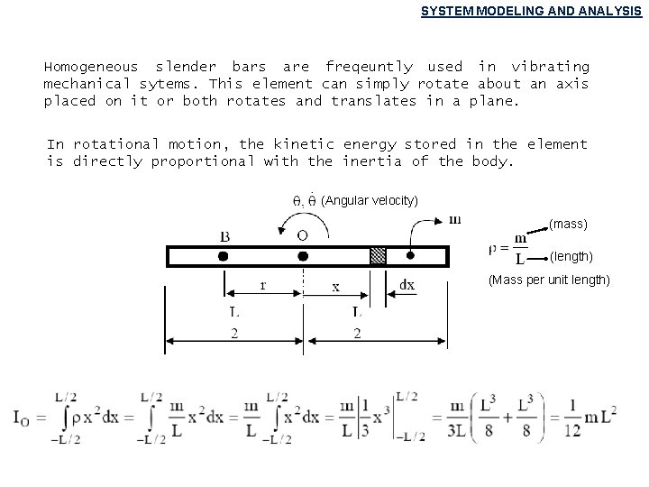 SYSTEM MODELING AND ANALYSIS Homogeneous slender bars are freqeuntly used in vibrating mechanical sytems. SYSTEM MODELING AND ANALYSIS Homogeneous slender bars are freqeuntly used in vibrating mechanical sytems.