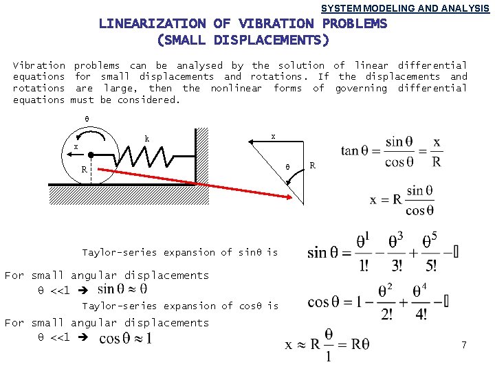 SYSTEM MODELING AND ANALYSIS LINEARIZATION OF VIBRATION PROBLEMS (SMALL DISPLACEMENTS) Vibration problems can be SYSTEM MODELING AND ANALYSIS LINEARIZATION OF VIBRATION PROBLEMS (SMALL DISPLACEMENTS) Vibration problems can be