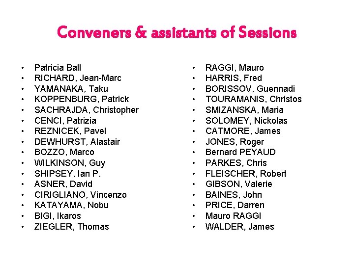 Conveners & assistants of Sessions • • • • Patricia Ball RICHARD, Jean-Marc YAMANAKA,