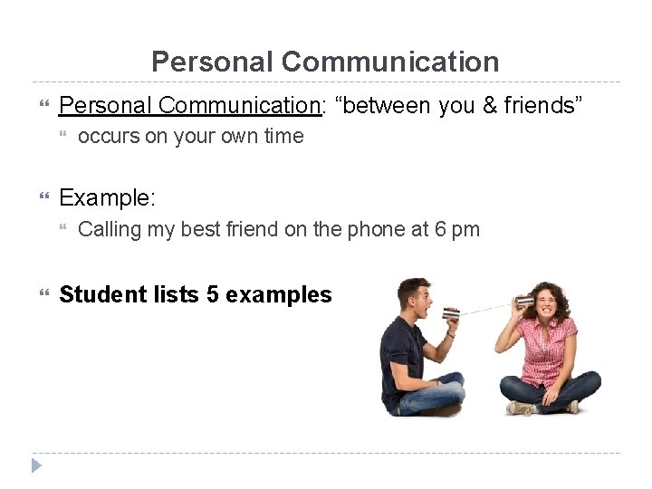 Personal Communication Personal Communication: “between you & friends” Example: occurs on your own time