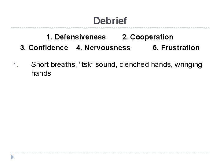 Debrief 1. Defensiveness 2. Cooperation 3. Confidence 4. Nervousness 5. Frustration 1. Short breaths,