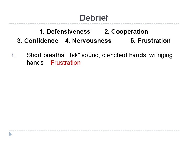 Debrief 1. Defensiveness 2. Cooperation 3. Confidence 4. Nervousness 5. Frustration 1. Short breaths,