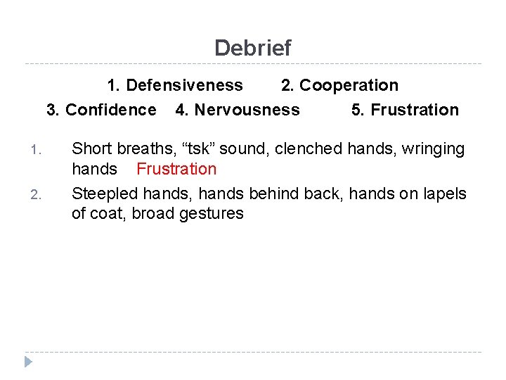 Debrief 1. Defensiveness 2. Cooperation 3. Confidence 4. Nervousness 5. Frustration 1. 2. Short