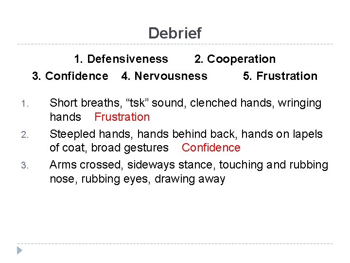 Debrief 1. Defensiveness 2. Cooperation 3. Confidence 4. Nervousness 5. Frustration 1. 2. 3.