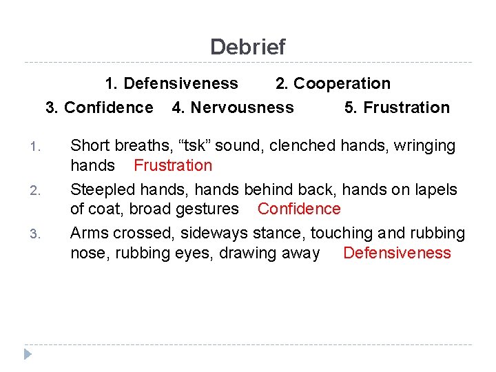 Debrief 1. Defensiveness 2. Cooperation 3. Confidence 4. Nervousness 5. Frustration 1. 2. 3.