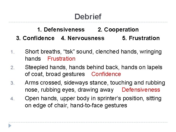 Debrief 1. Defensiveness 2. Cooperation 3. Confidence 4. Nervousness 5. Frustration 1. 2. 3.