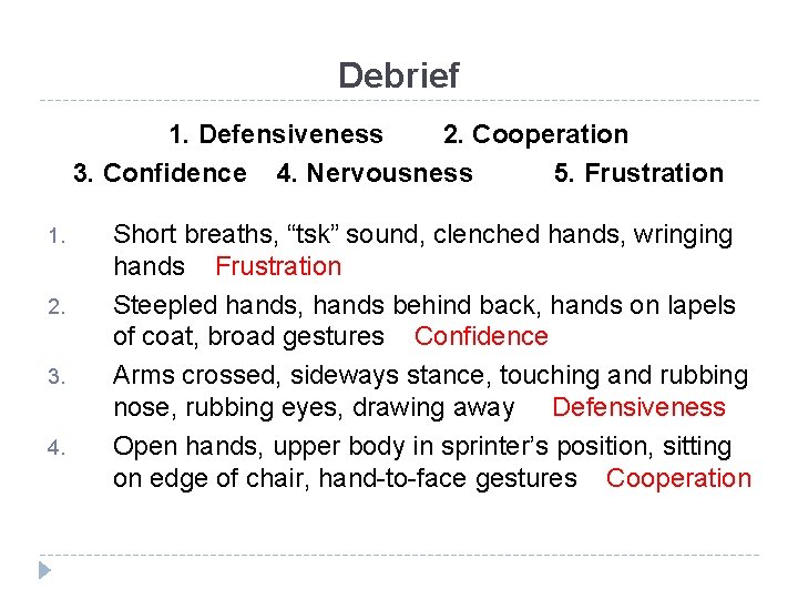Debrief 1. Defensiveness 2. Cooperation 3. Confidence 4. Nervousness 5. Frustration 1. 2. 3.