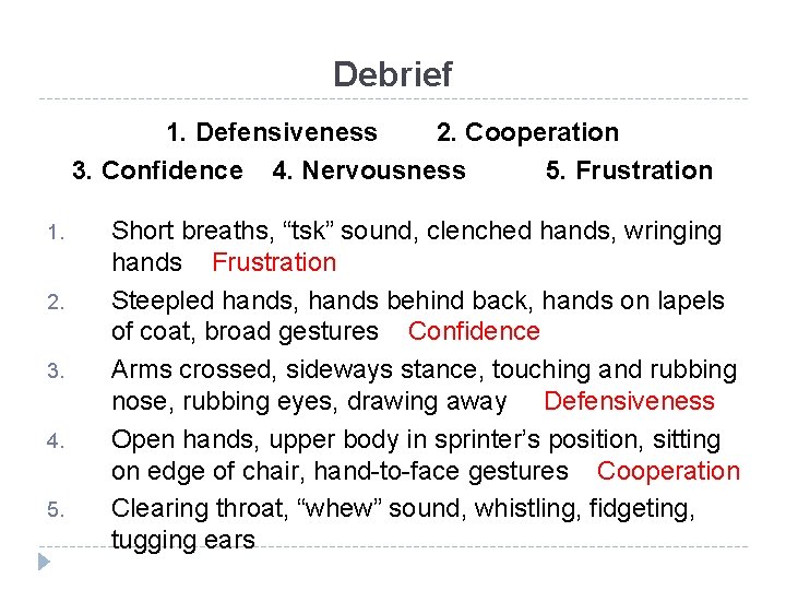 Debrief 1. Defensiveness 2. Cooperation 3. Confidence 4. Nervousness 5. Frustration 1. 2. 3.