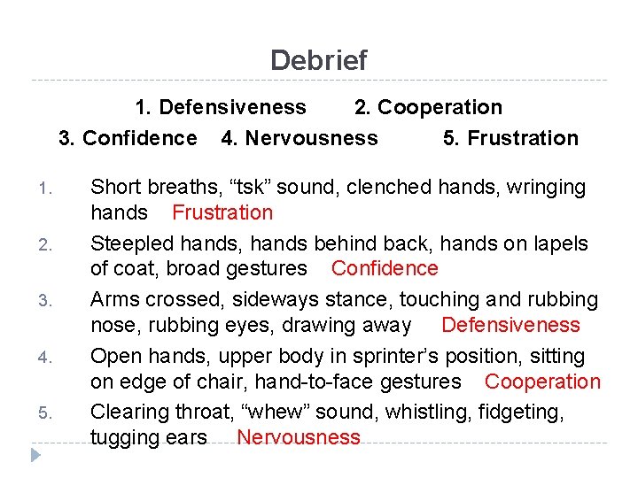 Debrief 1. Defensiveness 2. Cooperation 3. Confidence 4. Nervousness 5. Frustration 1. 2. 3.