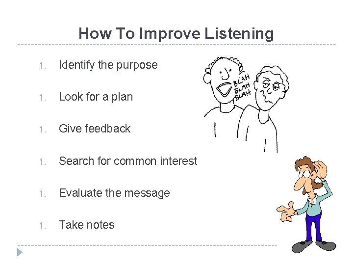 How To Improve Listening 1. Identify the purpose 1. Look for a plan 1.