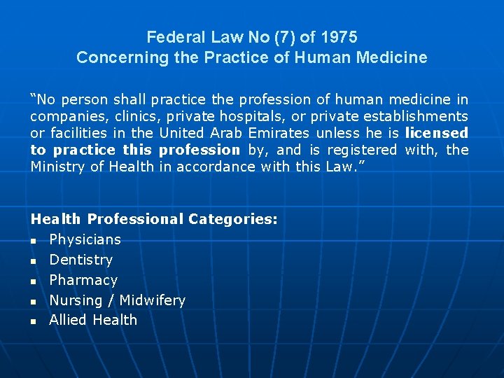 Federal Law No (7) of 1975 Concerning the Practice of Human Medicine “No person