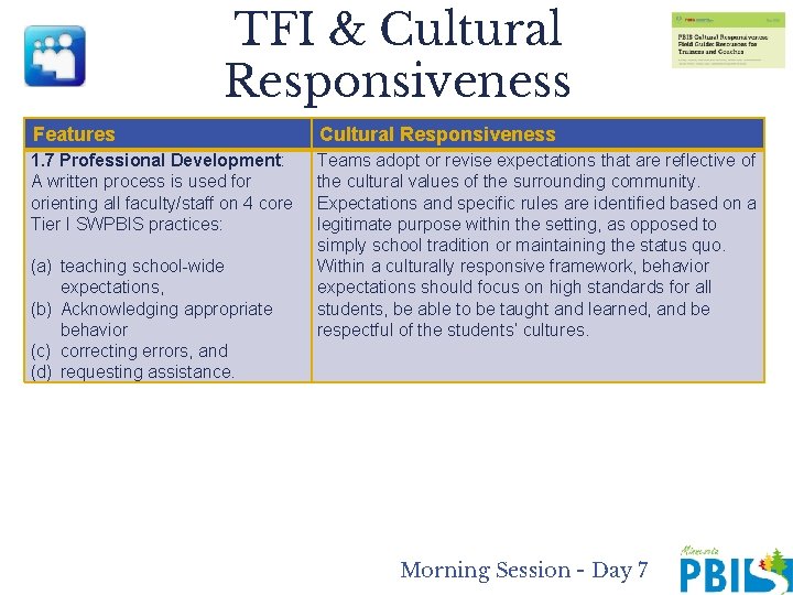 TFI & Cultural Responsiveness Features Cultural Responsiveness 1. 7 Professional Development: A written process