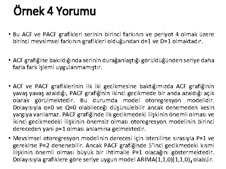 Örnek 4 Yorumu • Bu ACF ve PACF grafikleri serinin birinci farkının ve periyot