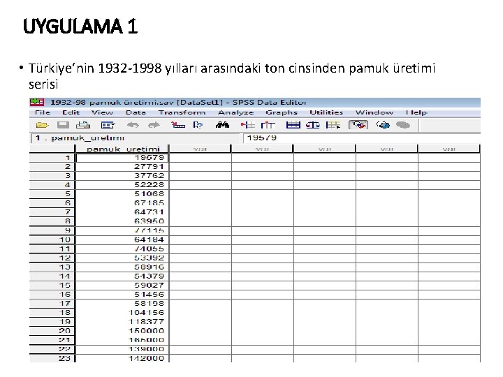 UYGULAMA 1 • Türkiye’nin 1932 -1998 yılları arasındaki ton cinsinden pamuk üretimi serisi 40