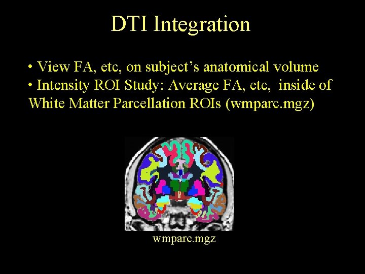 DTI Integration • View FA, etc, on subject’s anatomical volume • Intensity ROI Study: