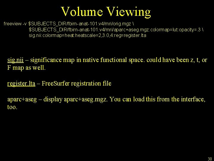 Volume Viewing freeview -v $SUBJECTS_DIR/fbirn-anat-101. v 4/mri/orig. mgz  $SUBJECTS_DIR/fbirn-anat-101. v 4/mri/aparc+aseg. mgz: colormap=lut: