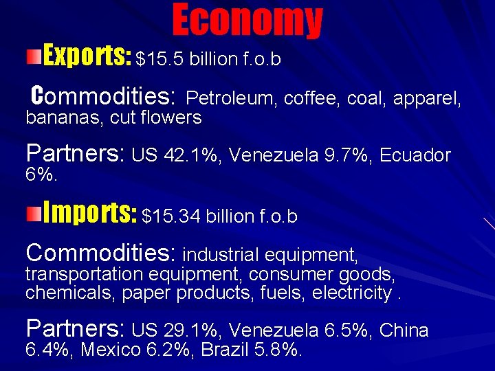 Economy Exports: $15. 5 billion f. o. b Commodities: Petroleum, coffee, coal, apparel, bananas,