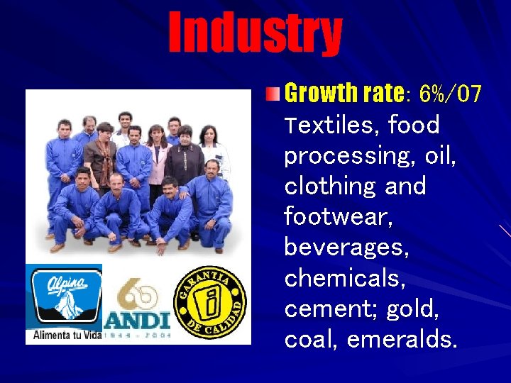 Industry Growth rate: 6%/07 Textiles, food processing, oil, clothing and footwear, beverages, chemicals, cement;