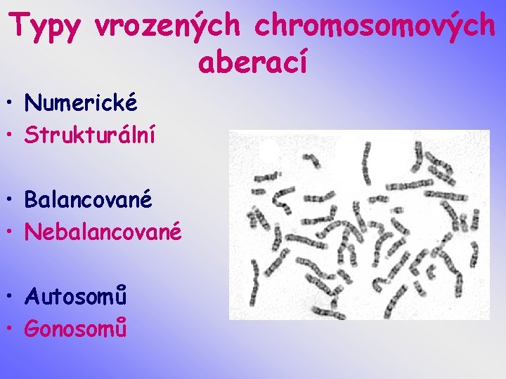 Typy vrozených chromosomových aberací • Numerické • Strukturální • Balancované • Nebalancované • Autosomů