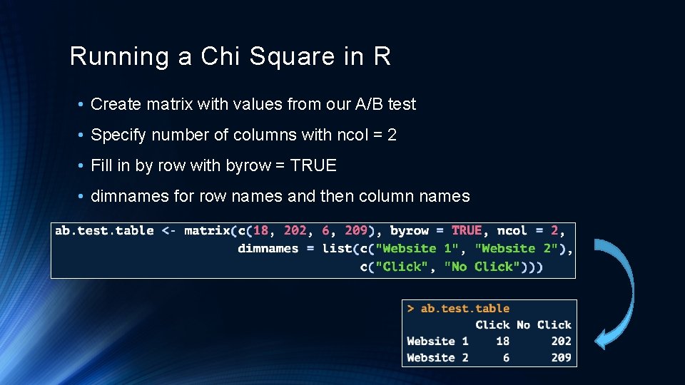 Running a Chi Square in R • Create matrix with values from our A/B