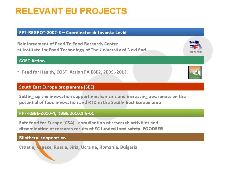 RELEVANT EU PROJECTS FP 7 -REGPOT-2007 -3 – Coordinator dr Jovanka Lević Reinforcement of