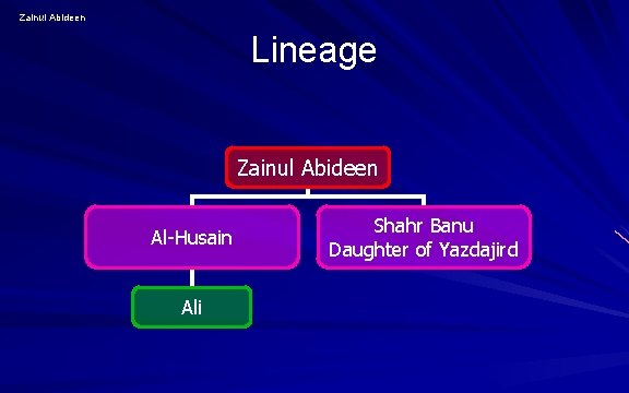 Zainul Abideen Lineage Zainul Abideen Al-Husain Ali Shahr Banu Daughter of Yazdajird Zainul Abideen Lineage Zainul Abideen Al-Husain Ali Shahr Banu Daughter of Yazdajird
