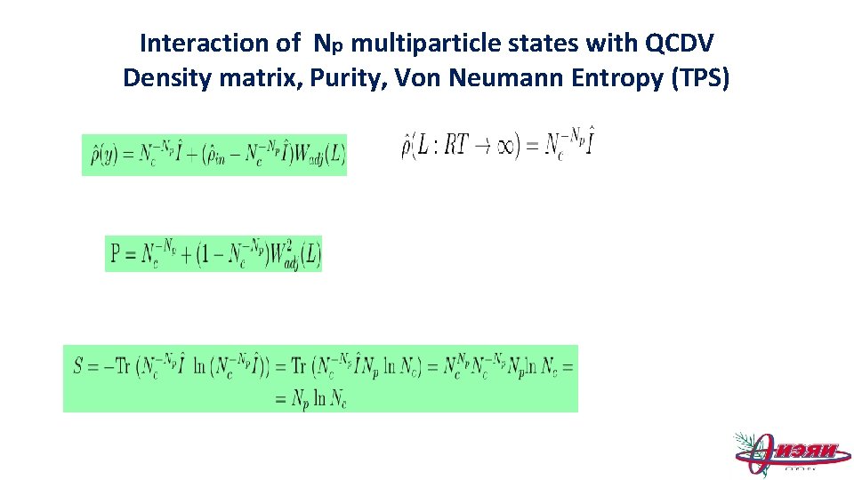 Interaction of Np multiparticle states with QCDV Density matrix, Purity, Von Neumann Entropy (TPS)