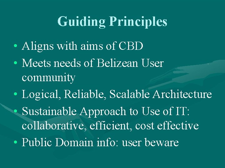 Guiding Principles • Aligns with aims of CBD • Meets needs of Belizean User