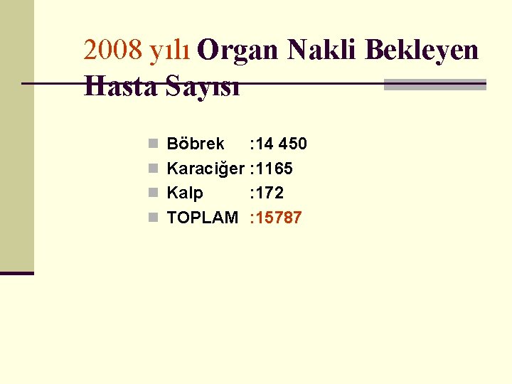 2008 yılı Organ Nakli Bekleyen Hasta Sayısı n Böbrek : 14 450 n Karaciğer