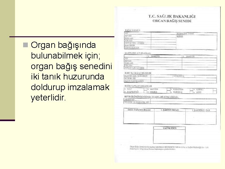 n Organ bağışında bulunabilmek için; organ bağış senedini iki tanık huzurunda doldurup imzalamak yeterlidir.