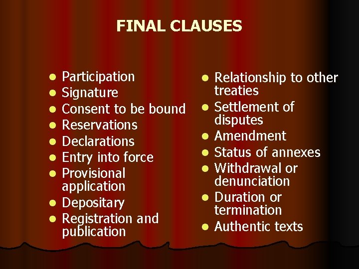 FINAL CLAUSES Participation Signature Consent to be bound Reservations Declarations Entry into force Provisional