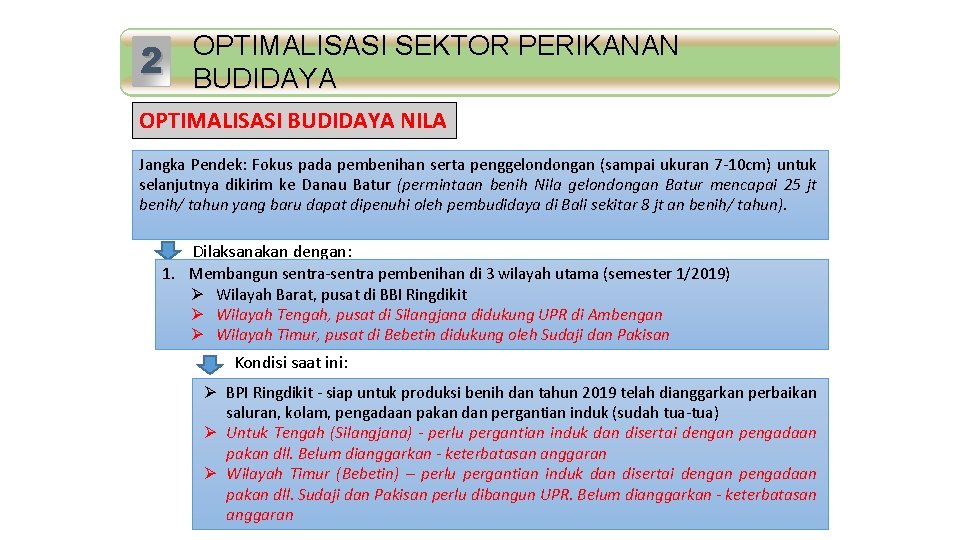 2 Standar Mutu OPTIMALISASI SEKTOR PERIKANAN BUDIDAYA OPTIMALISASI BUDIDAYA NILA Jangka Pendek: Fokus pada