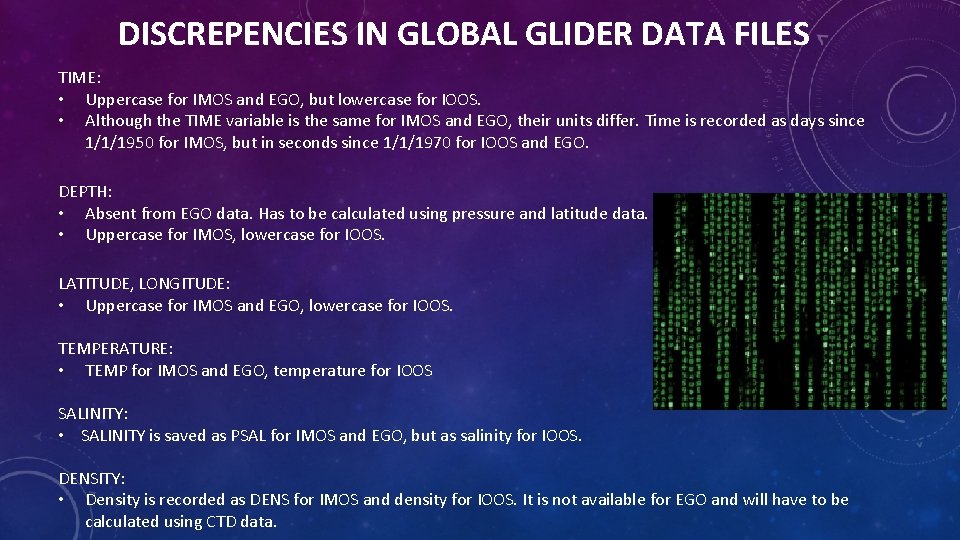 DISCREPENCIES IN GLOBAL GLIDER DATA FILES TIME: • Uppercase for IMOS and EGO, but