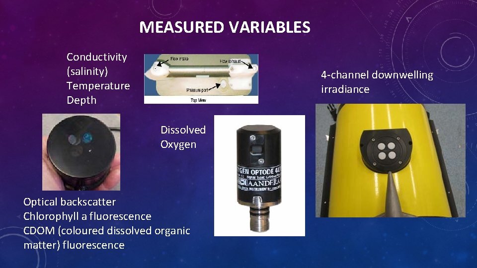 MEASURED VARIABLES Conductivity (salinity) Temperature Depth 4 -channel downwelling irradiance Dissolved Oxygen Optical backscatter