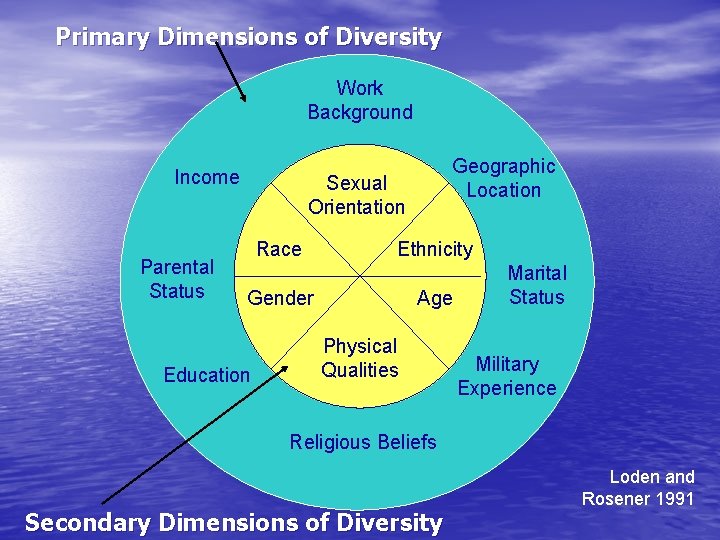 Primary Dimensions of Diversity Work Background Income Parental Status Geographic Location Sexual Orientation Race